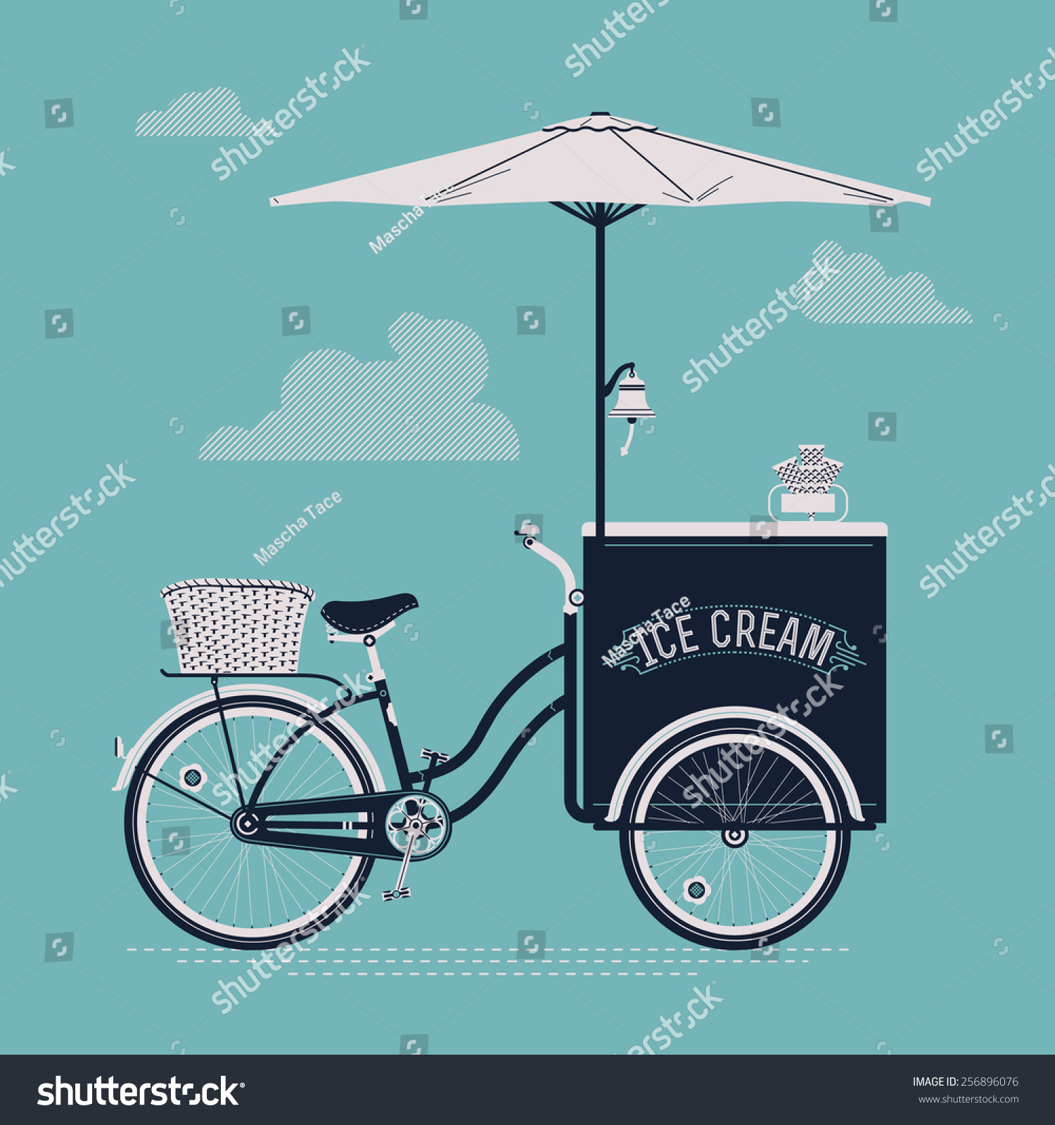 SVG of Detailed creative vector ice cream bicycle cart vintage classic design web background | Detailed retro ice cream vending cart with parasol sunshade svg