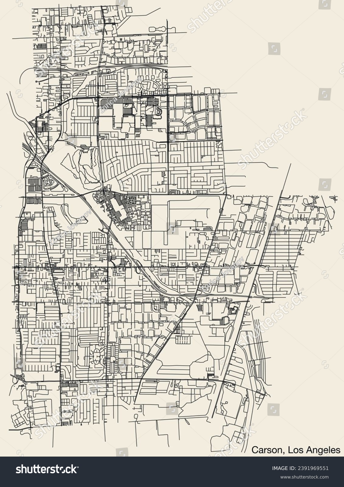 SVG of Detailed hand-drawn navigational urban street roads map of the CITY OF CARSON of the American LOS ANGELES CITY COUNCIL, UNITED STATES with vivid road lines and name tag on solid background svg