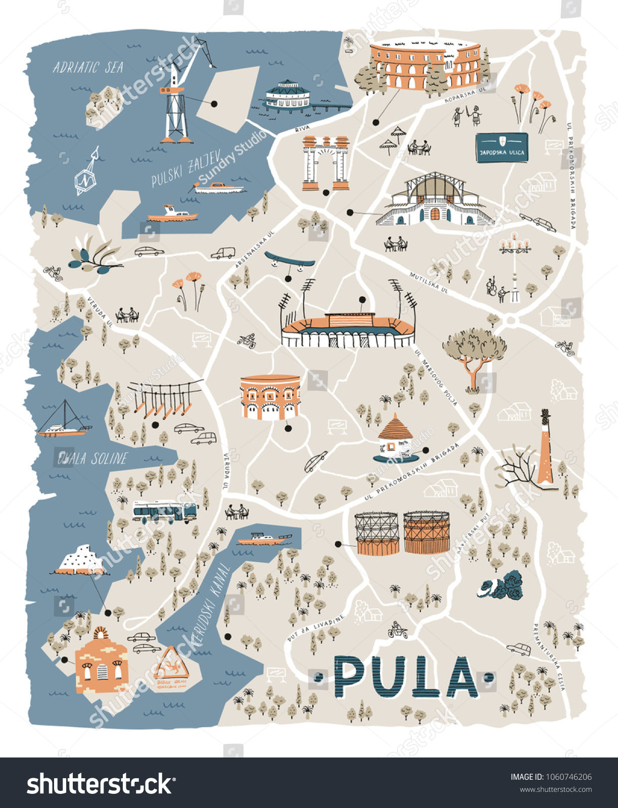 Stock Vector Detailed Illustrated Map Of Pula Croatia Includes Main Touristic Attractions And Famous Local 1060746206 