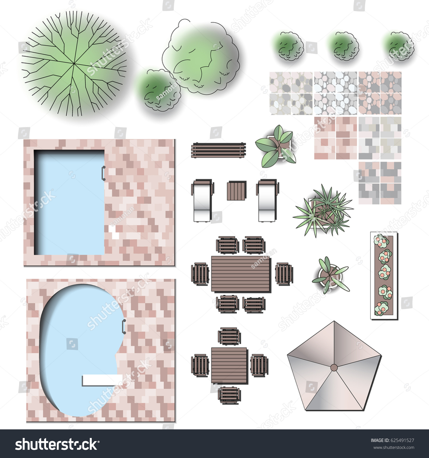 Detailed Landscape Garden Design Vector Elements Stock 