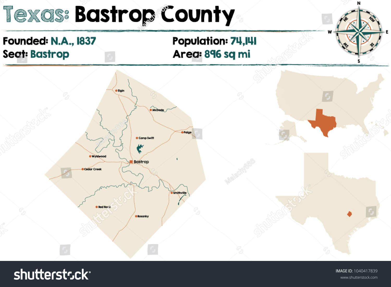 Detailed Map Bastrop County Texas Usa Stock Vector (Royalty Free ...