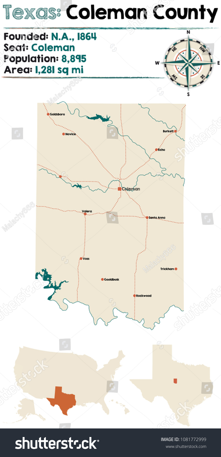 SVG of Detailed map of Coleman county in Texas, USA. svg