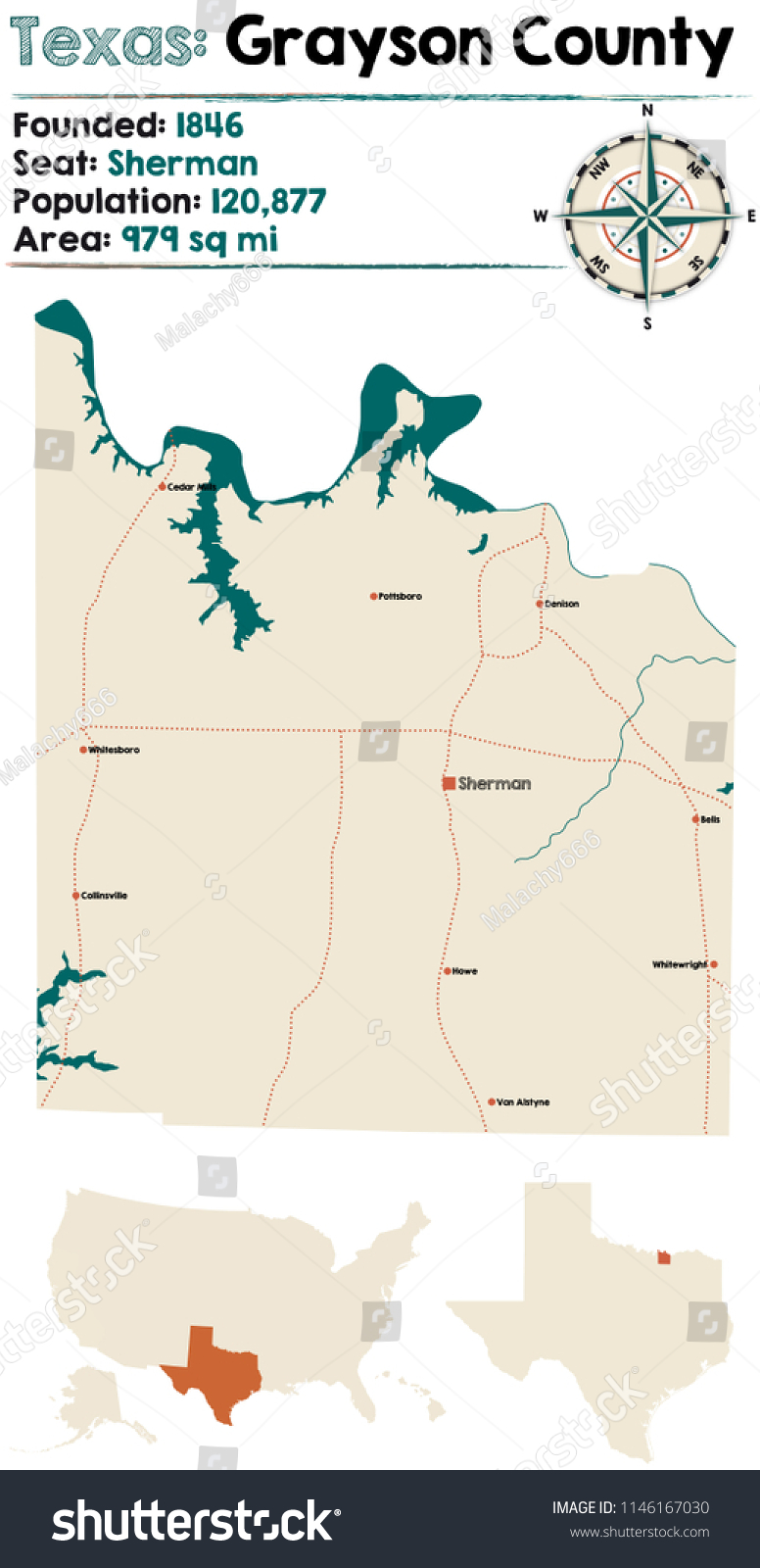 Detailed Map Grayson County Texas Usa Stock Vector (Royalty Free ...