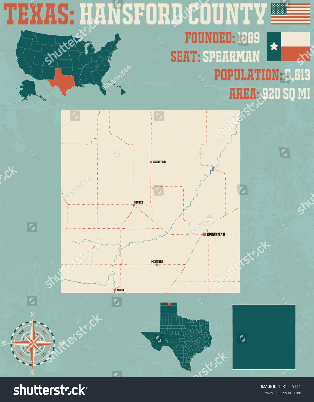 Detailed Map Hansford County Texas Usa Stock Vector (royalty Free 