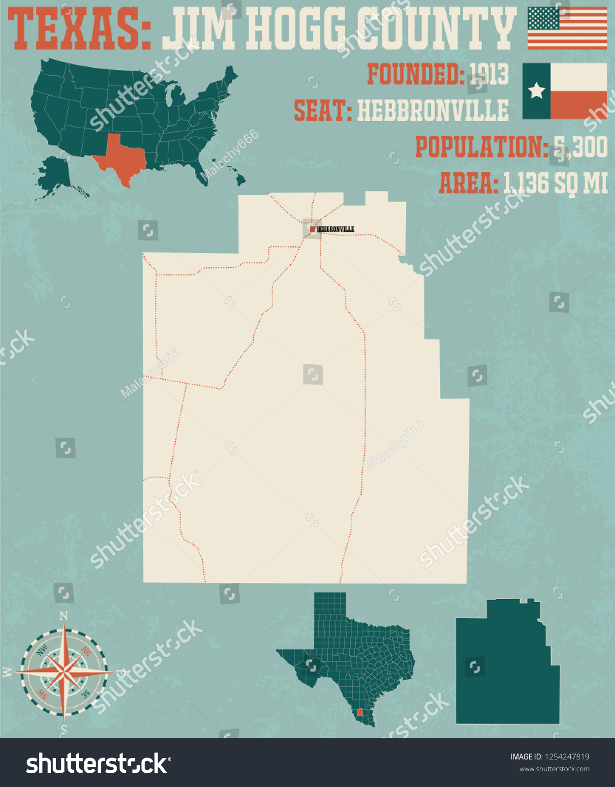 Detailed Map Jim Hogg County Texas 库存矢量图（免版税）1254247819 Shutterstock