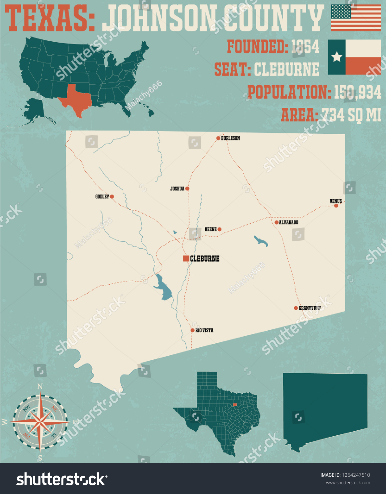 Detailed Map Johnson County Texas Usa Stock Vector (Royalty Free ...