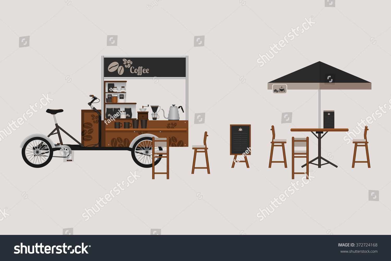 SVG of Detailed Outdoor Bicycle Coffee Stand Vector Illustration with Table, Chairs, Menu Display, and Brewing Equipment for Mobile Shop Concept svg