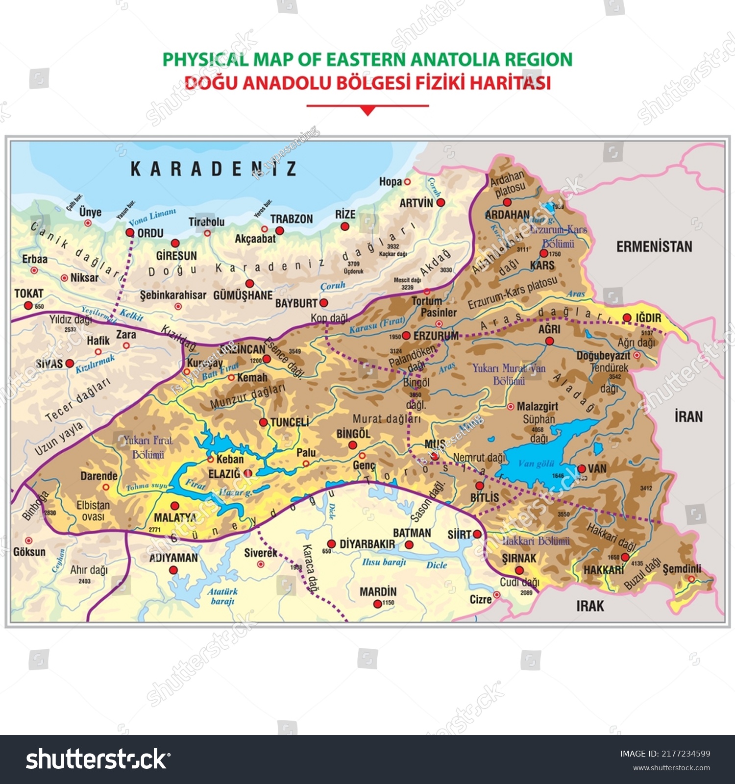 Detailed Physical Map Eastern Anatolia Region Stock Vector (Royalty ...