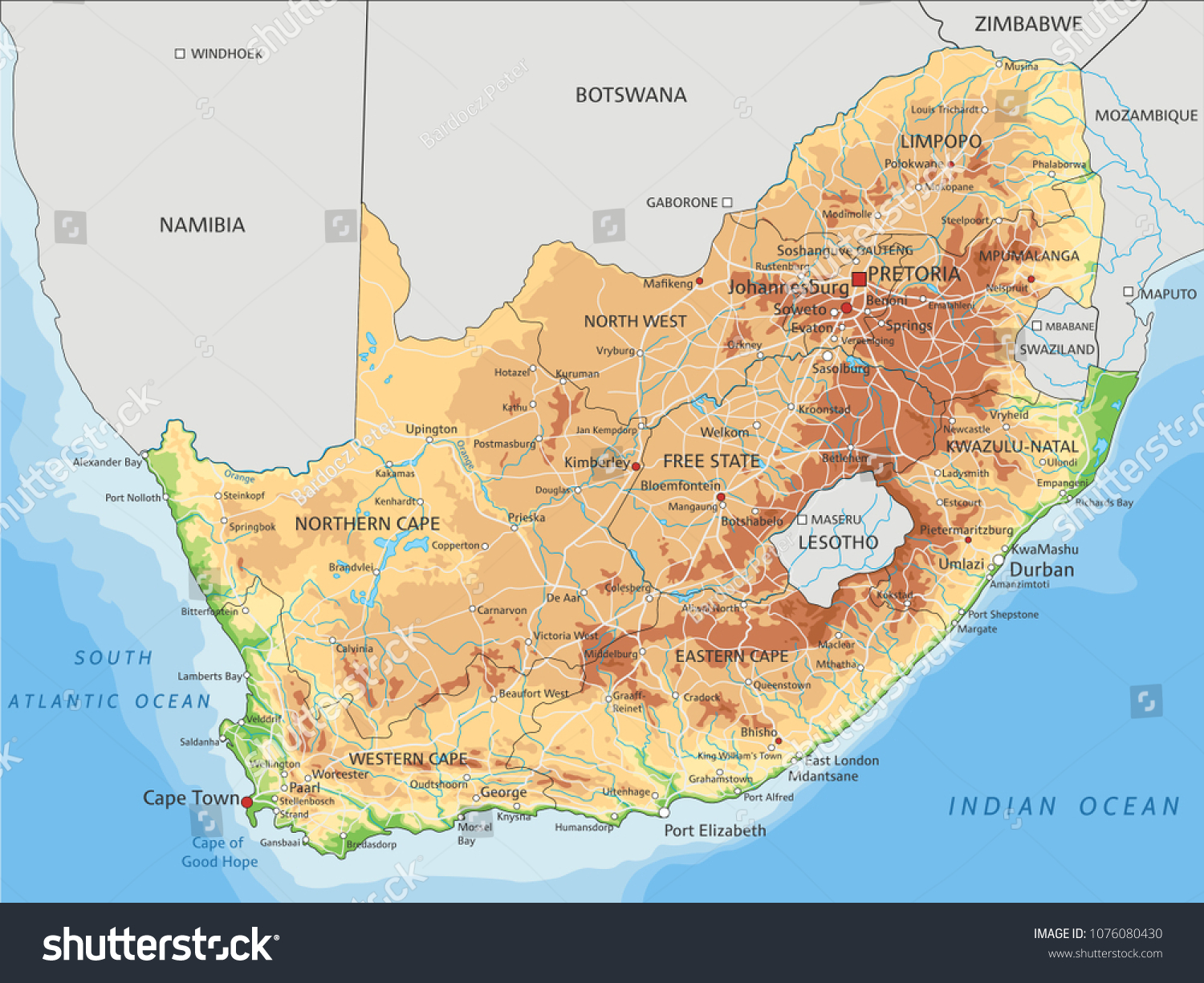 physical map of south africa Detailed South Africa Physical Map Stock Vector Royalty Free physical map of south africa