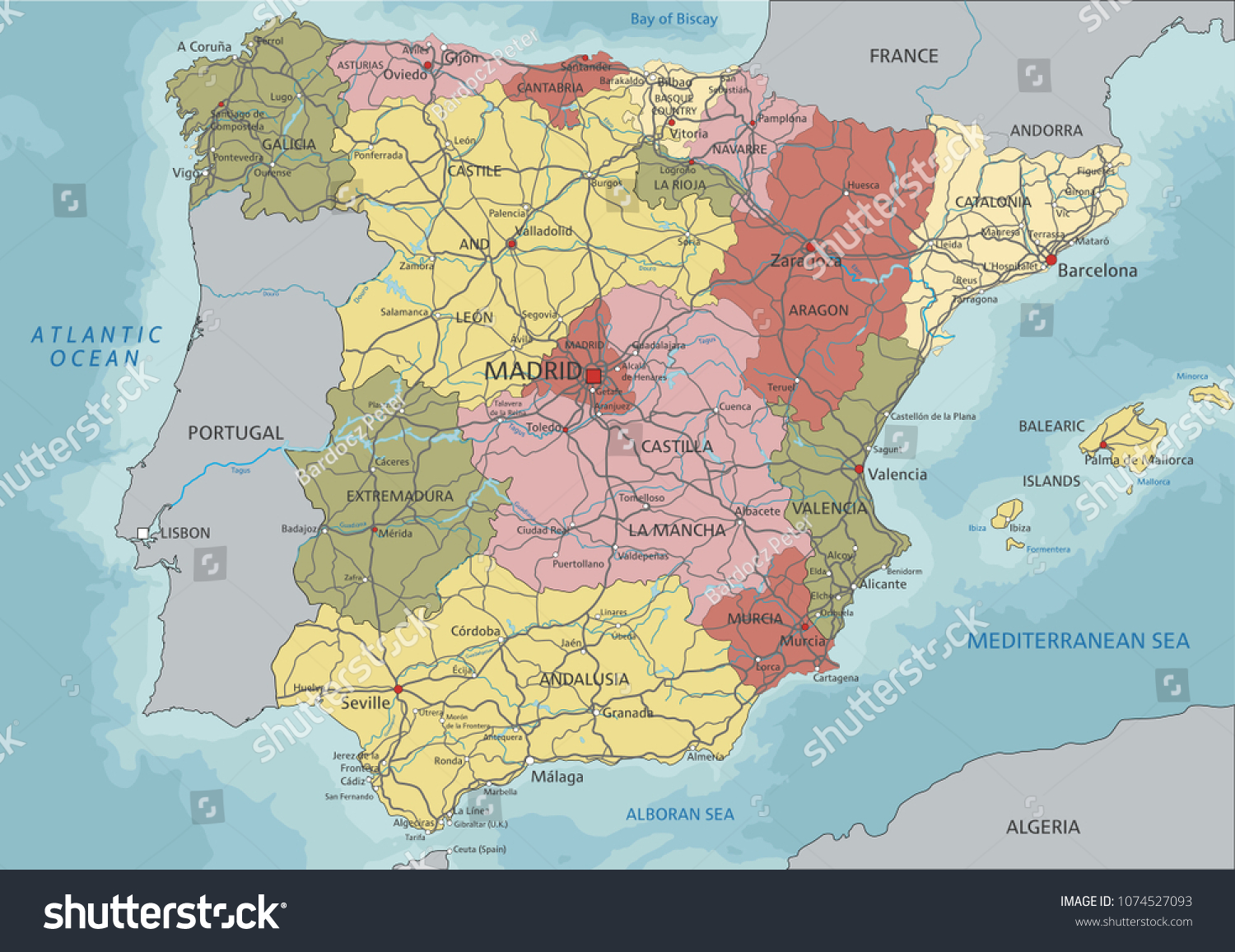 Detailed Spain Political Map Stock Vector (Royalty Free) 1074527093