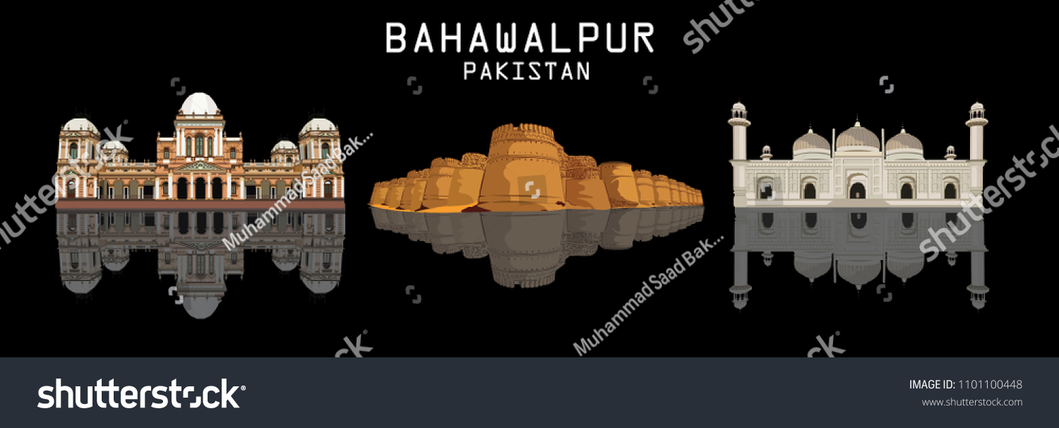 SVG of Detailed vector / illustration of skyline of Bahawalpur Pakistan including Noor Mahal , Derawar Fort and Mosque svg