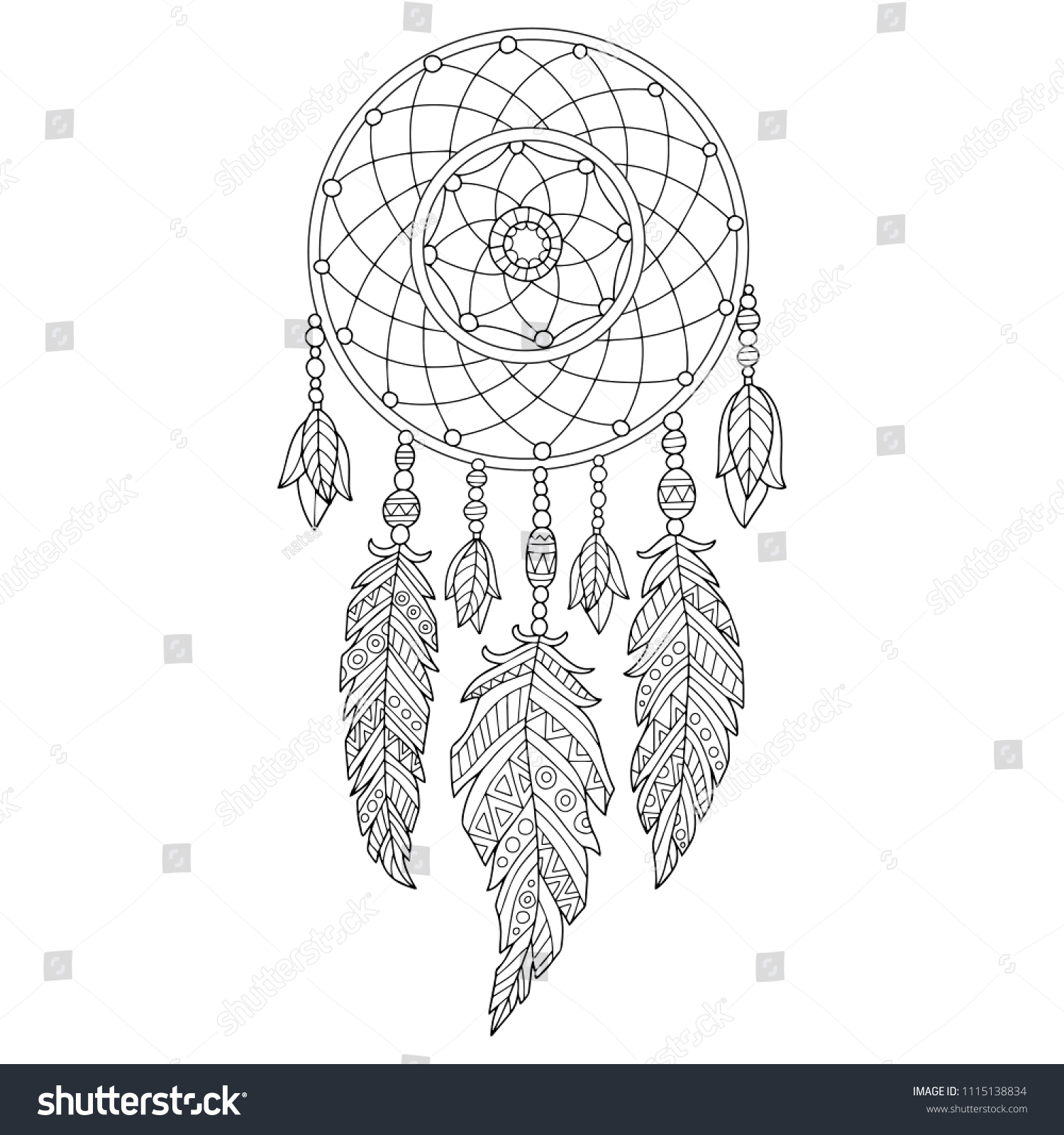 SVG of Detailed vector illustration of the dreamcatcher, isolated in white. Perfect for coloring book, page for adults and children or for a tattoo design. svg
