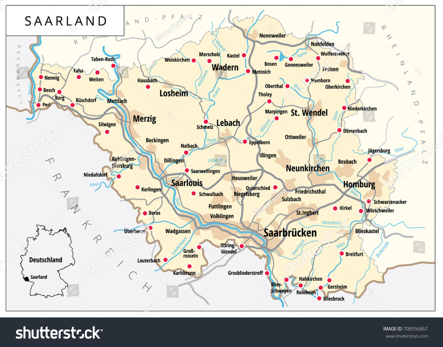 Detailed Vector Map Roads Cities Saarland 库存矢量图（免版税）708556867 ...