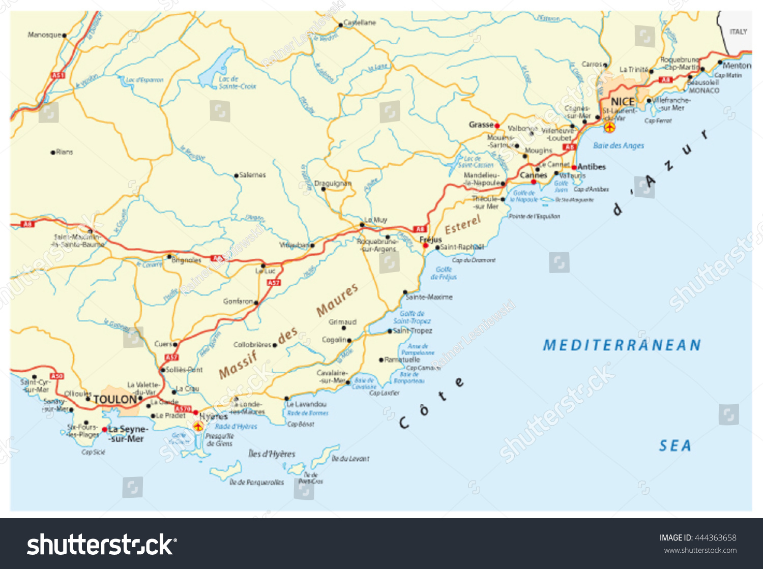 Detailed Vector Road Map French - Stock Vector Detailed Vector Road Map Of French Riviera 444363658
