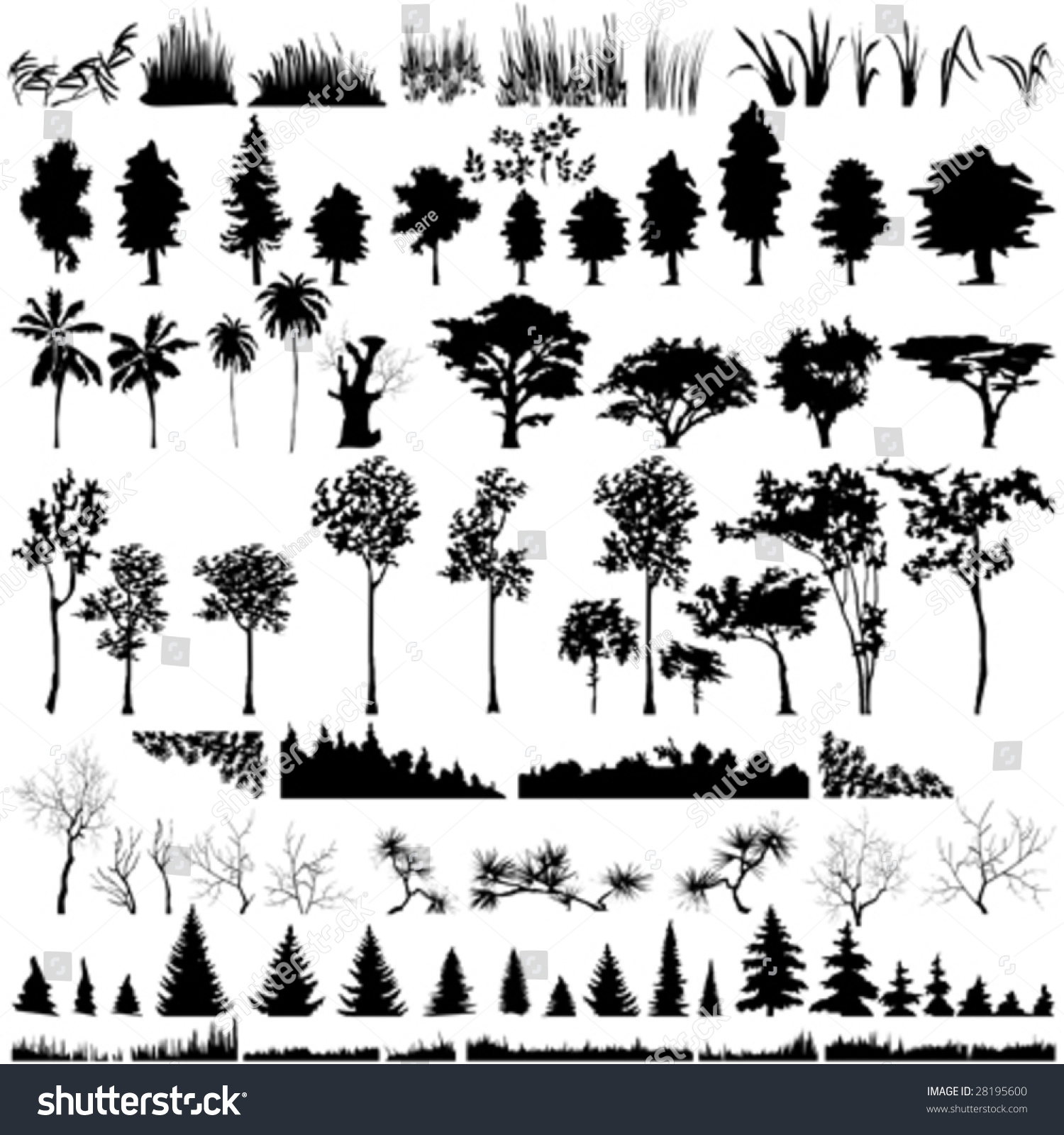 SVG of Detailed vectoral tree, leaf, branch and grass  silhouettes. svg
