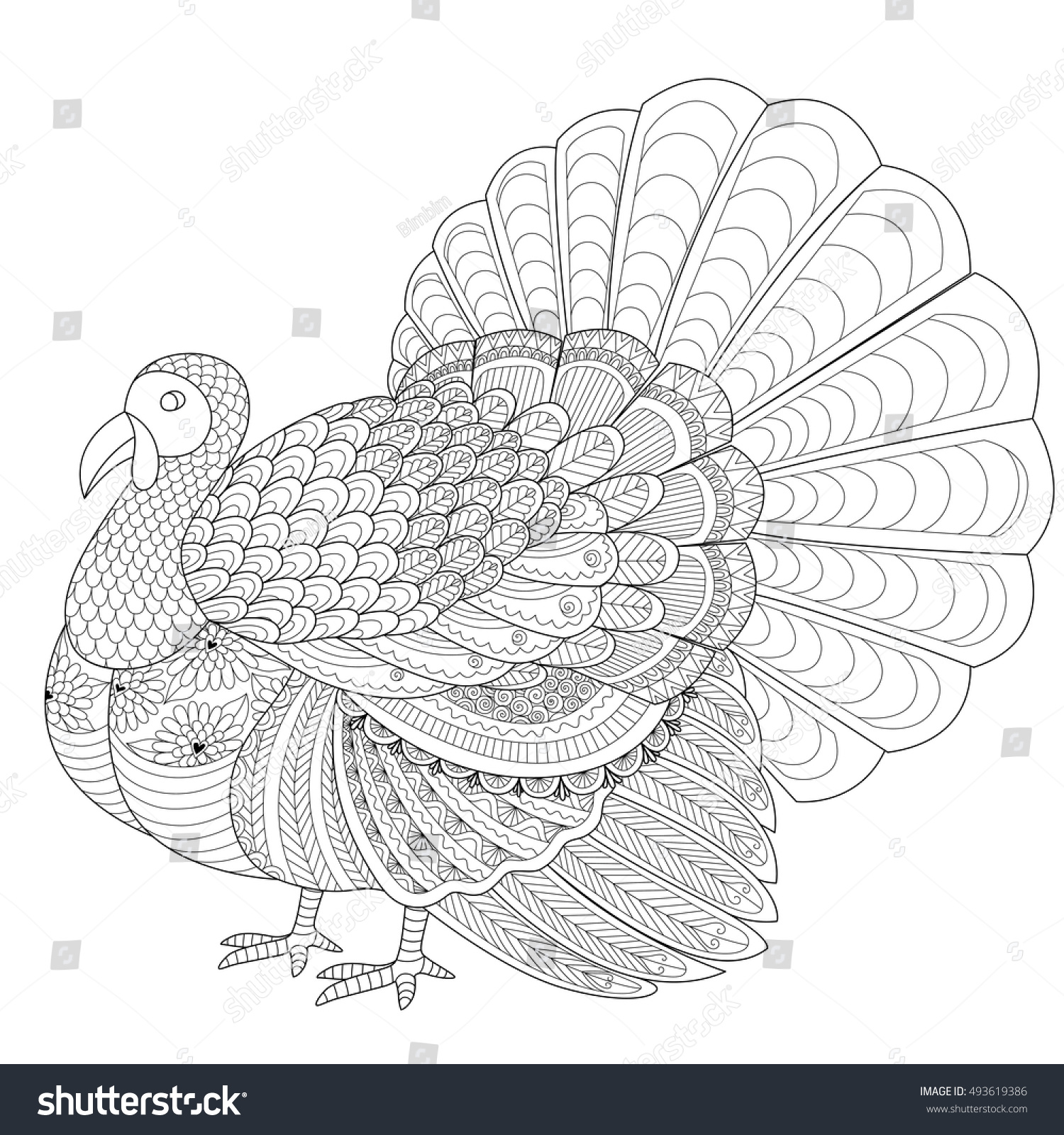 Detailed zentangle turkey for coloring page for adult and Thanksgiving invitation card