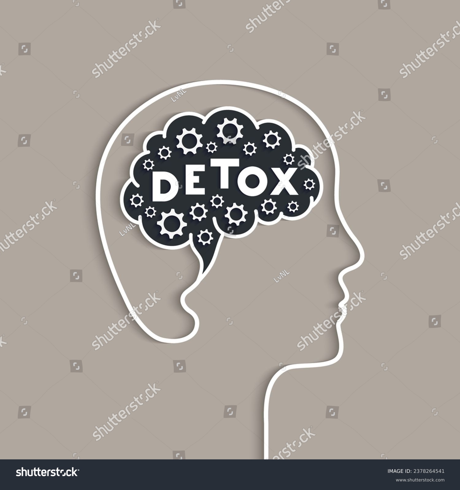 SVG of Detox concept with head, mind, gears and letters. Brain detox, mental detoxification. Profile outline, face silhouette of a person. Vector illustration in paper cut art with shadow. svg