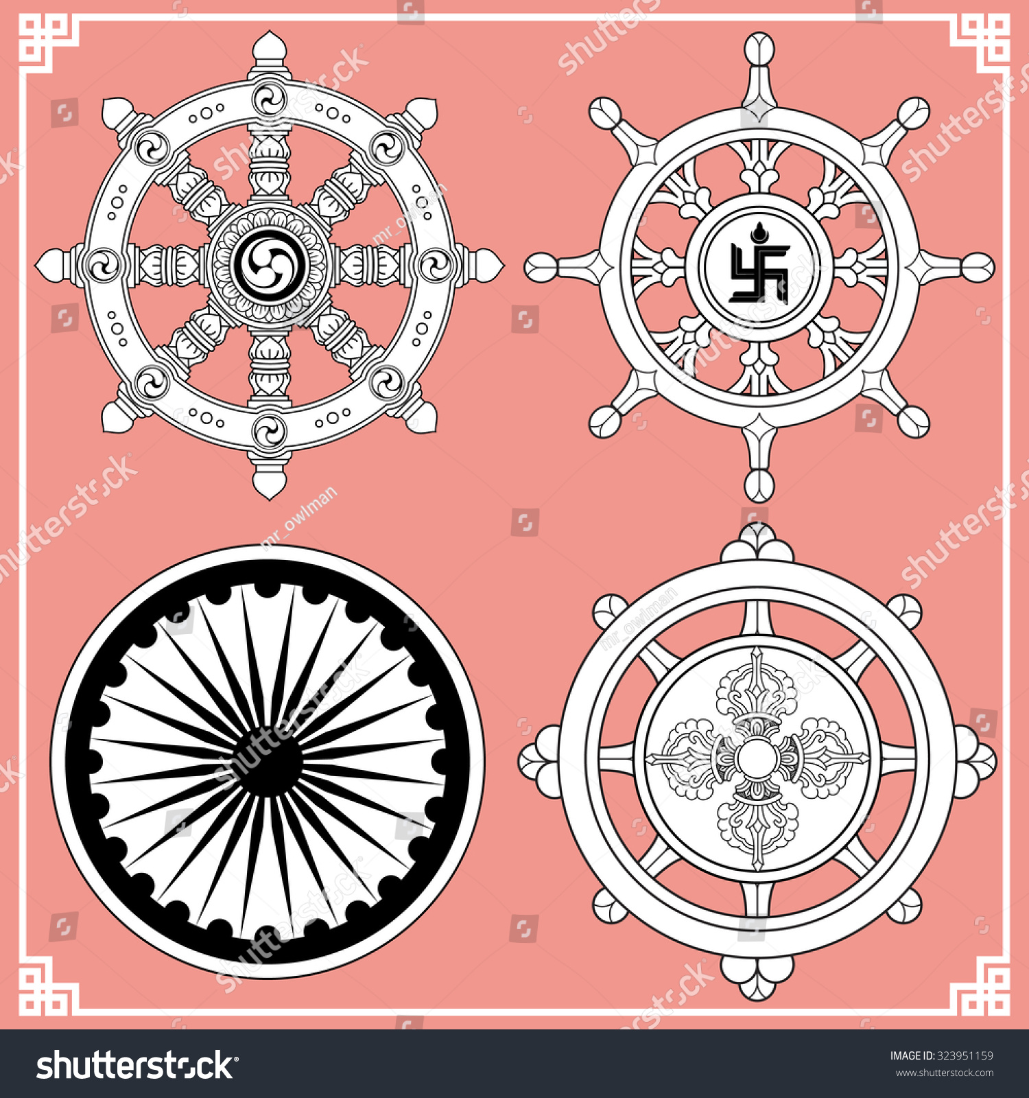 Vektor Stok Dharma Wheel Dharmachakra Icons Wheel Dharma (Tanpa Royalti ...