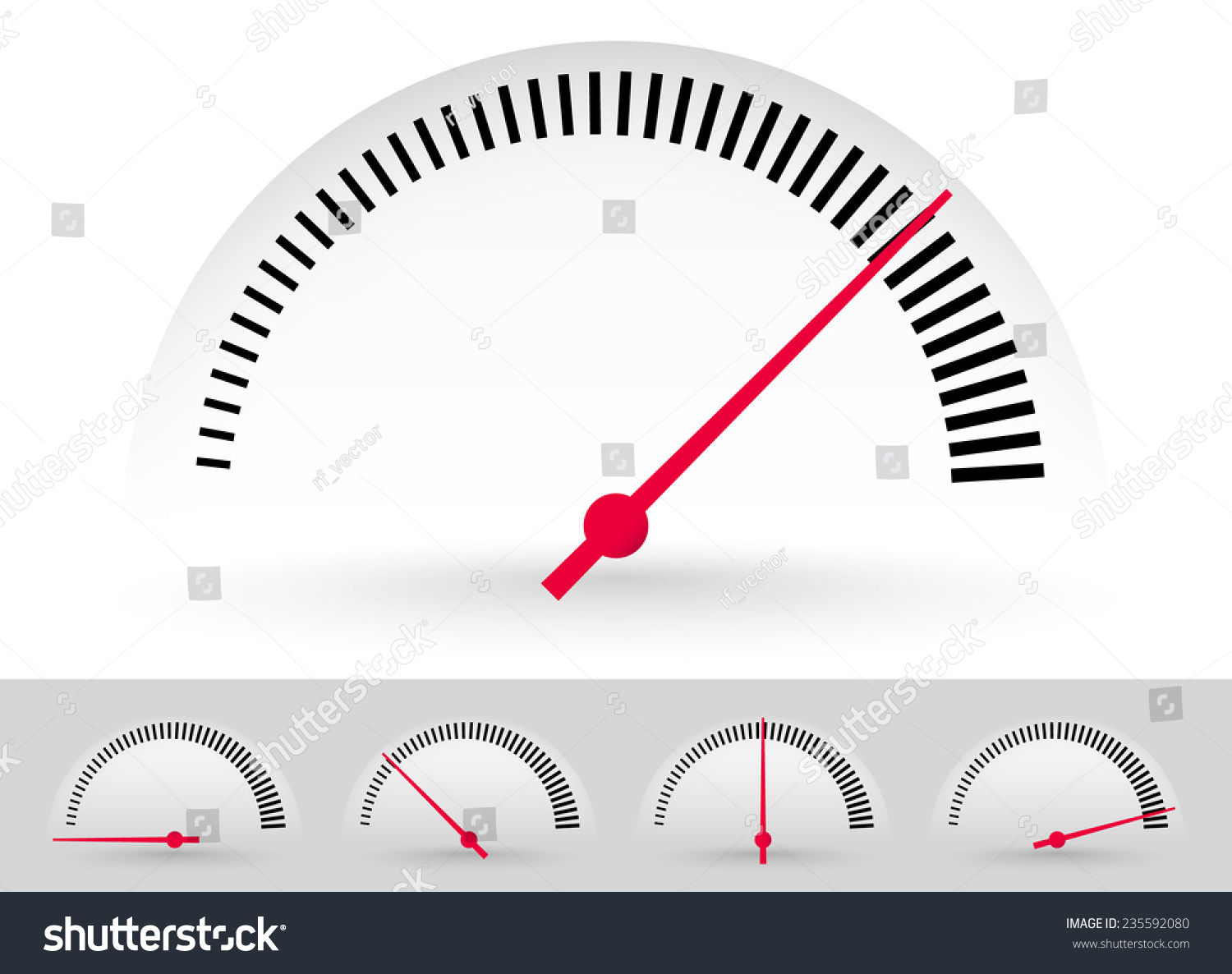 SVG of Dial, meter templates with red needle at 5 stages. Measurement, acceleration or generic level indicator. (eps 10 vector with transparency) svg