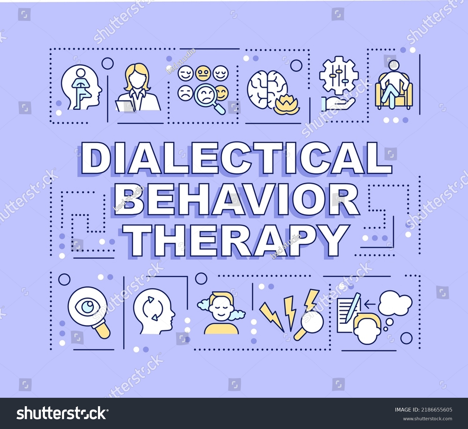 SVG of Dialectical behavior therapy word concepts light purple banner. Infographics with editable icons on color background. Isolated typography. Vector illustration with text. Arial-Black font used svg