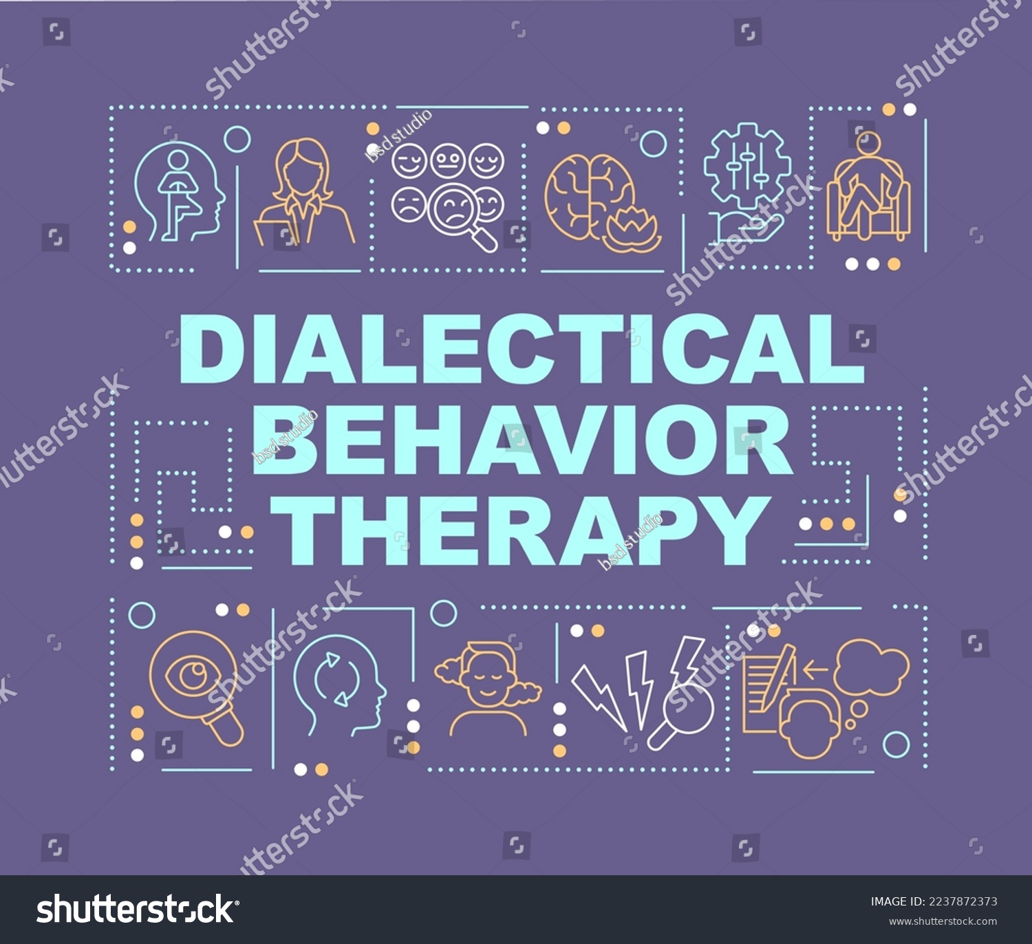 SVG of Dialectical behavior therapy word concepts purple banner. Infographics with editable icons on color background. Isolated typography. Vector illustration with text. Arial-Black font used svg
