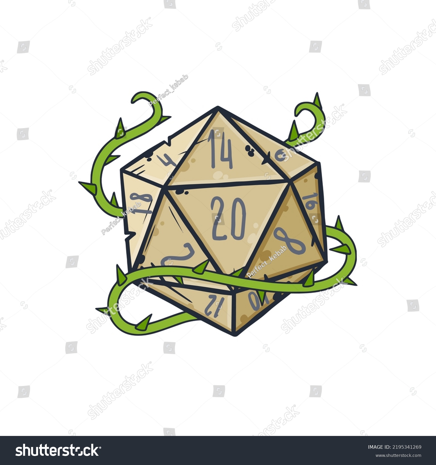 SVG of Dice d20 for playing Dnd. Dungeon and dragons board game. Cartoon outline drawn illustration. Green plant with thorn svg