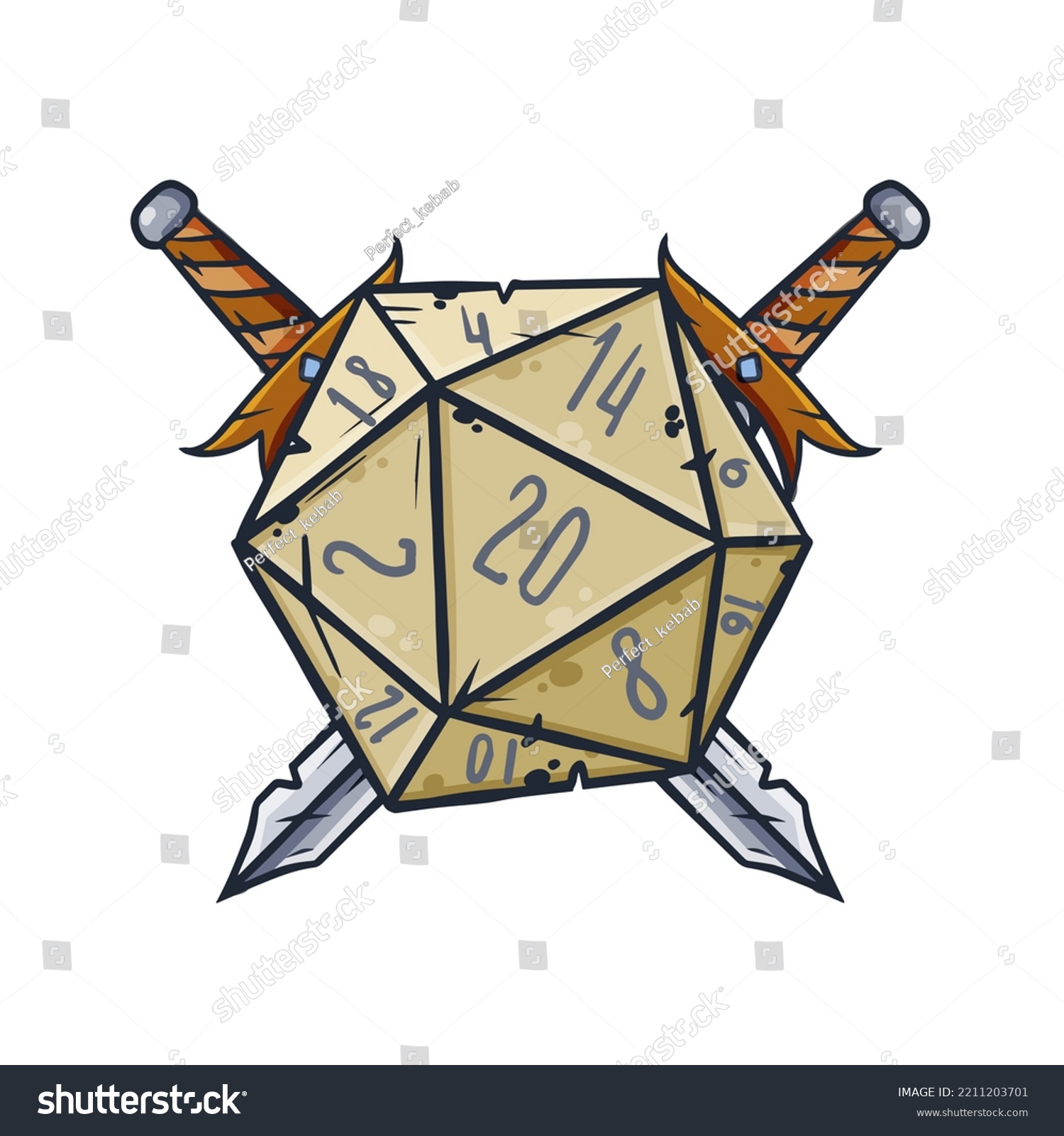 SVG of Dice d20 for playing Dnd. Dungeon and dragons board game. Crossed swords of medieval paladin. Adventure cartoon Icon svg