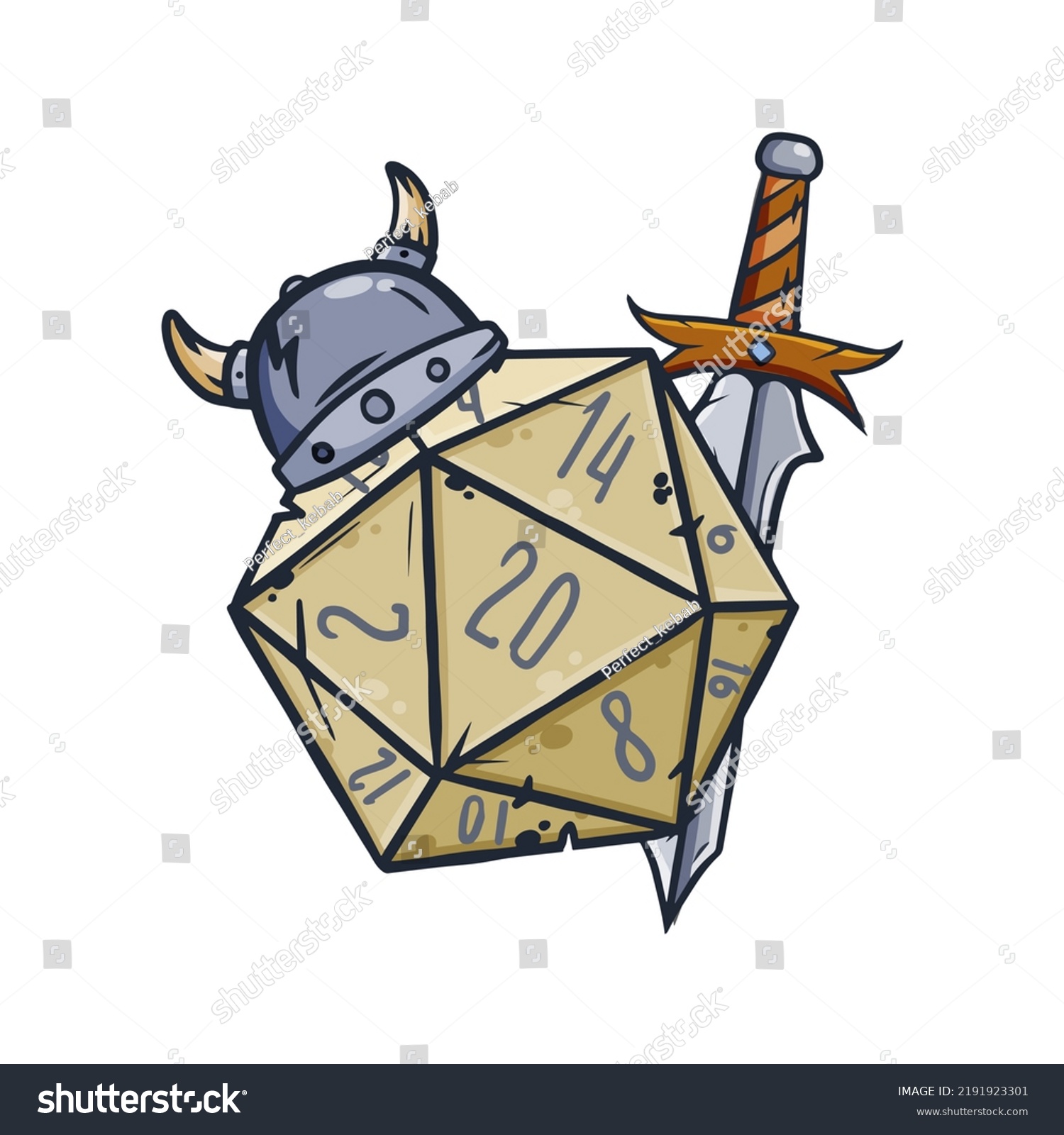 SVG of Dice d20 for playing Dnd. Dungeon and dragons board game. Treasures, paladin sword. Cartoon outline drawn illustration svg