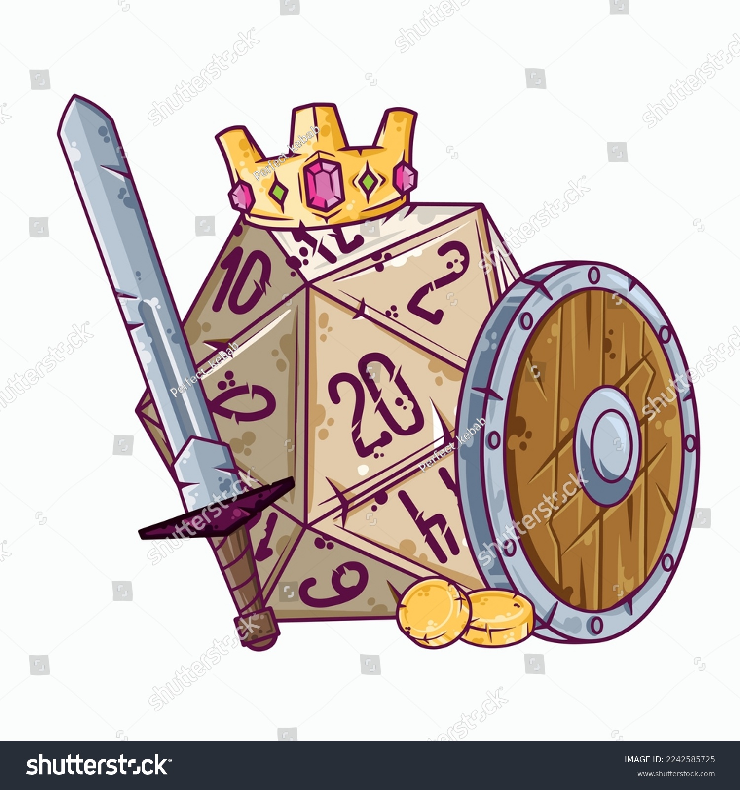 SVG of Dice d20 for playing Dnd. Dungeon and dragons board game. Treasures, paladin sword. Cartoon outline drawn illustration svg