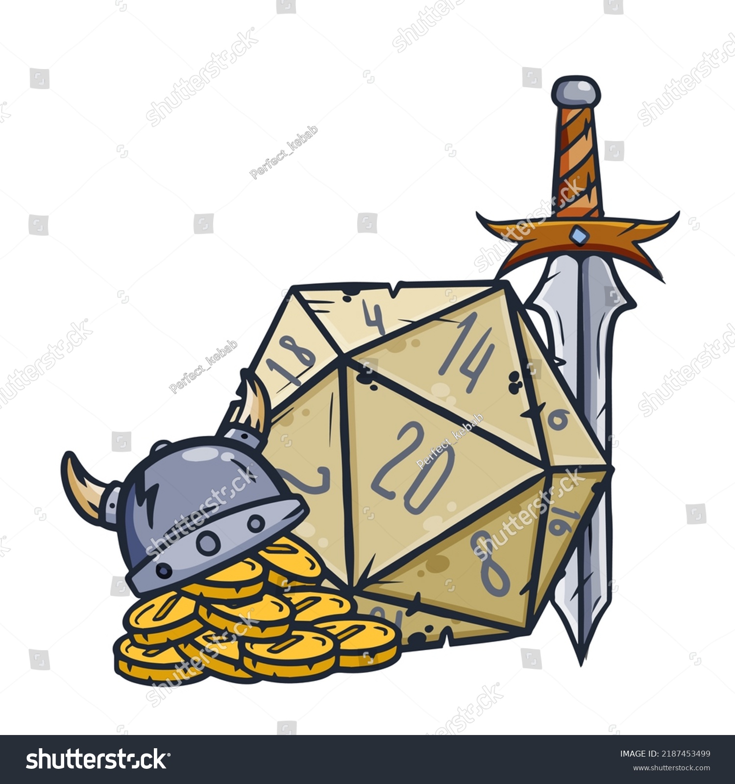 SVG of Dice d20 for playing Dnd. Dungeon and dragons board game. Treasures, paladin sword with gold coins. Cartoon outline drawn illustration svg