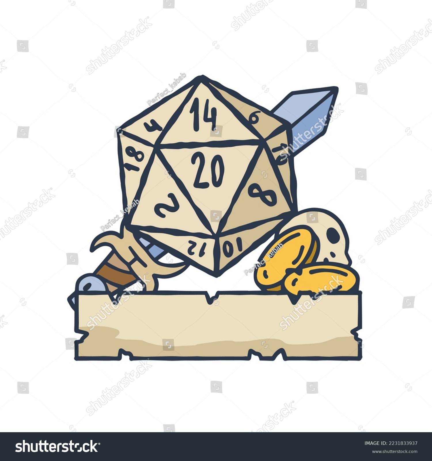 SVG of Dice d20 for playing Dnd. Dungeon and dragons board game with ribbon. Cartoon outline drawn illustration svg