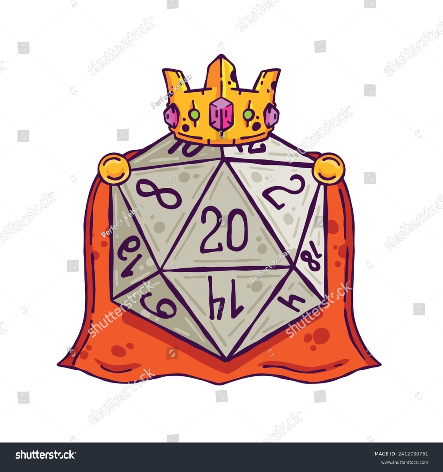 SVG of Dice d20. King character of board game with gold crown. Cartoon outline drawn illustration svg