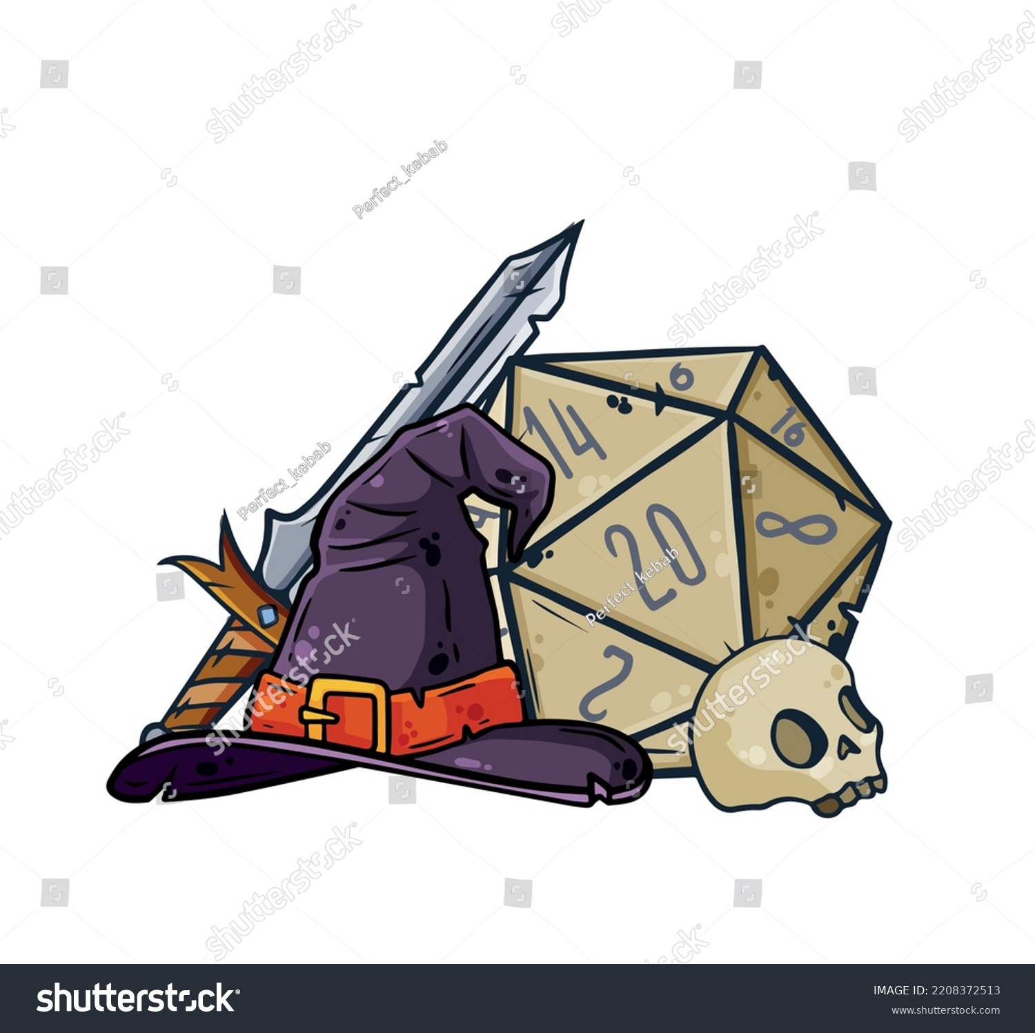 SVG of Dice for playing DnD. Tabletop role-playing game Dungeon and dragons with d20. Magical role of sorcerer with witch hat. Cartoon illustration svg