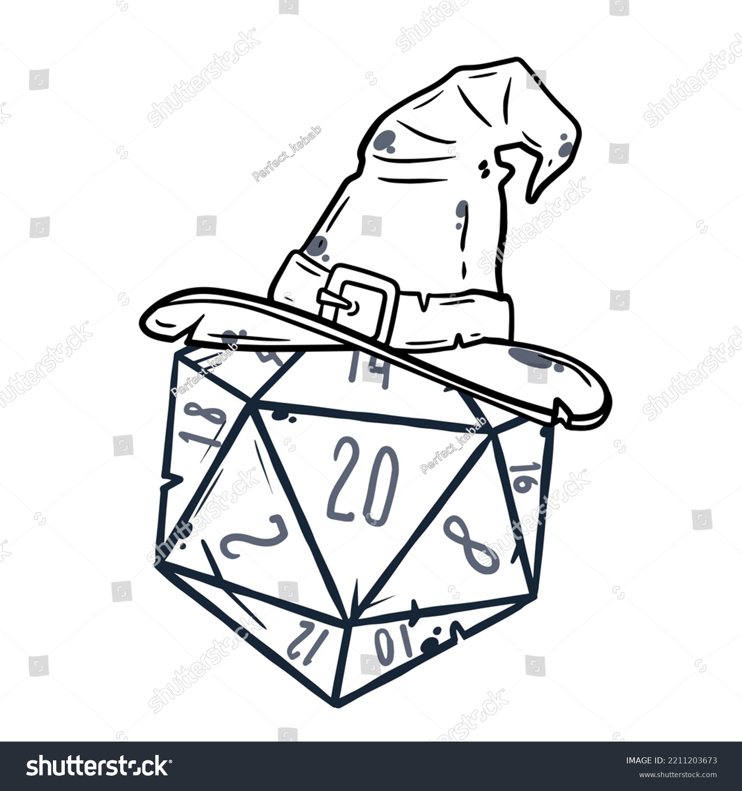 SVG of Dice for playing DnD. Tabletop role-playing game Dungeon and dragons with d20. Magical role of sorcerer with witch hat. svg