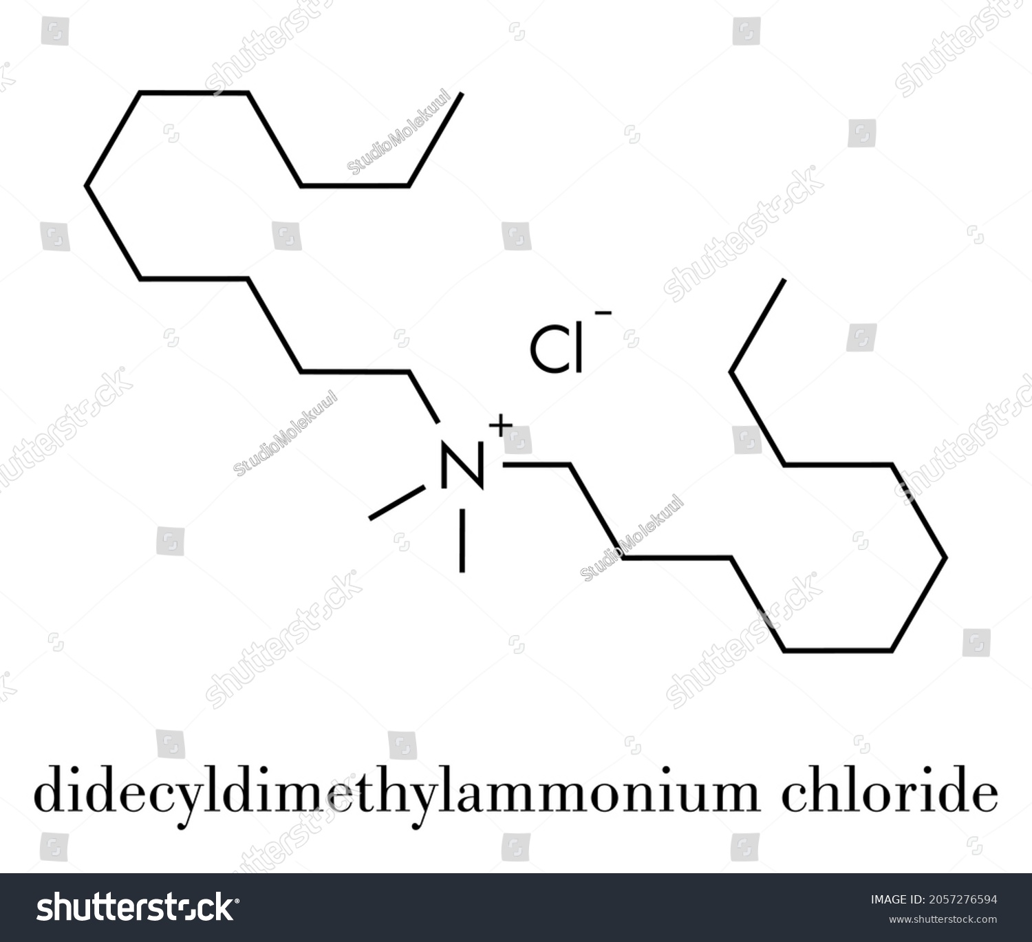 SVG of Didecyldimethylammonium chloride antiseptic molecule. Biocidal disinfectant, active against bacteria and fungi. Skeletal formula. svg
