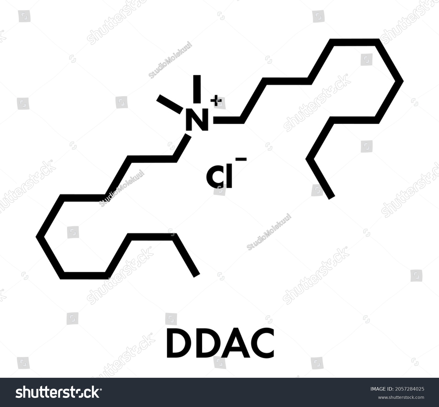 SVG of Didecyldimethylammonium chloride antiseptic molecule. Biocidal disinfectant, active against bacteria and fungi. Skeletal formula. svg