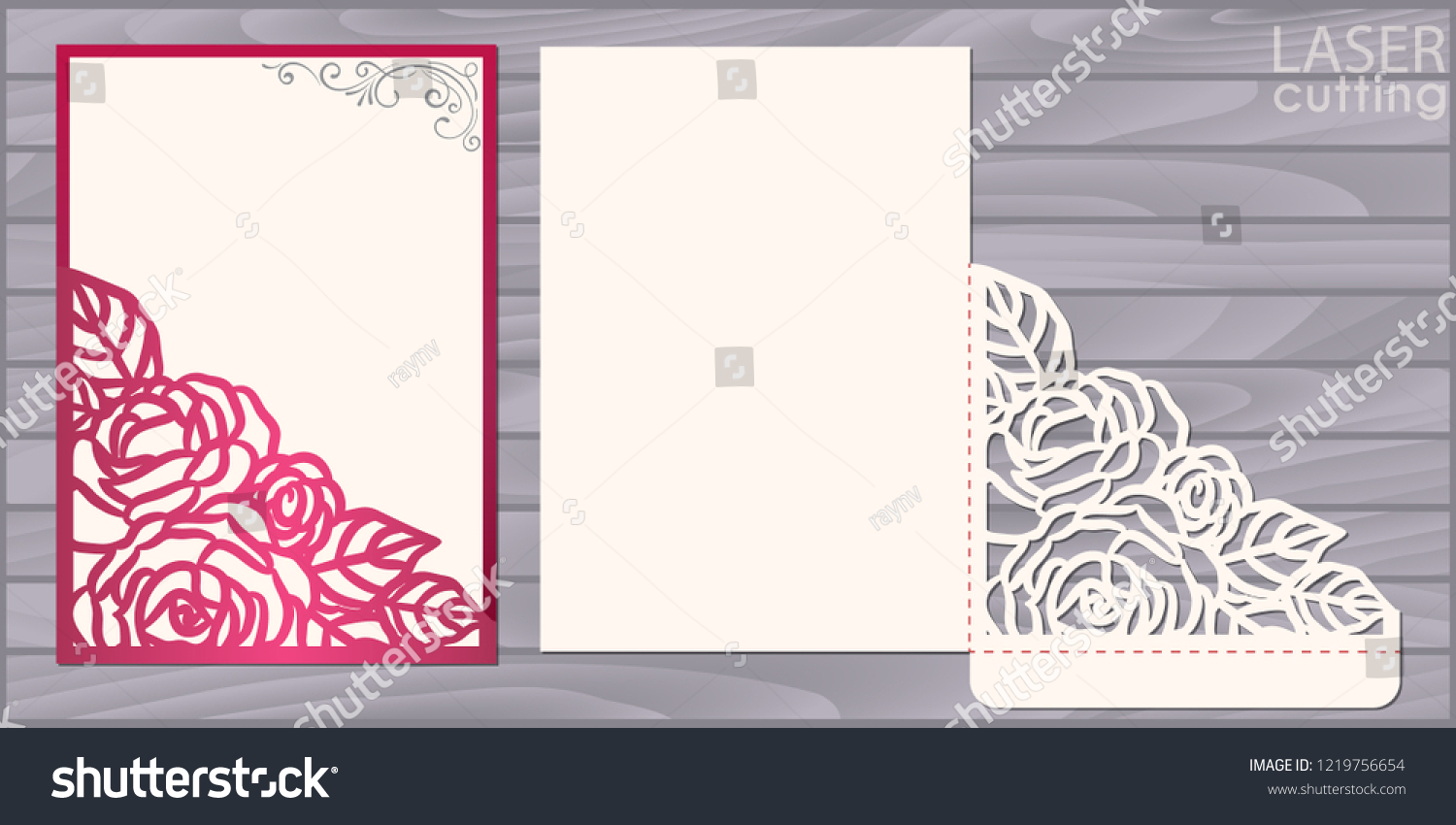 SVG of Die laser cut wedding card vector template. Invitation pocket envelope with lace corner with roses pattern. Wedding lace invitation mockup. svg