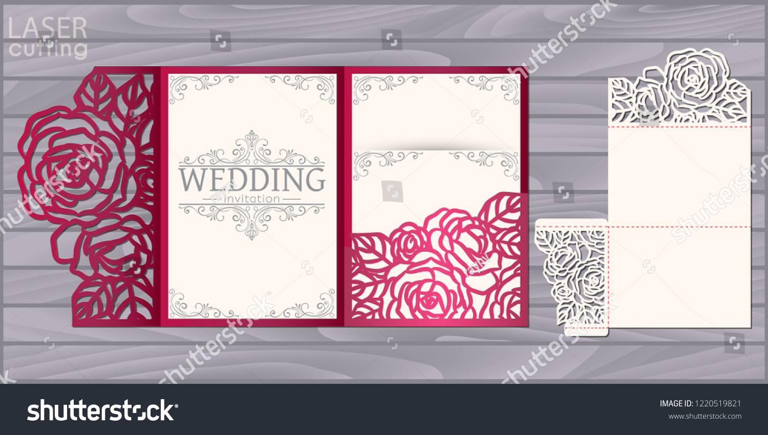 SVG of Die laser cut wedding card vector template. Invitation pocket tri fold envelope with roses pattern. Wedding lace invitation mockup. svg