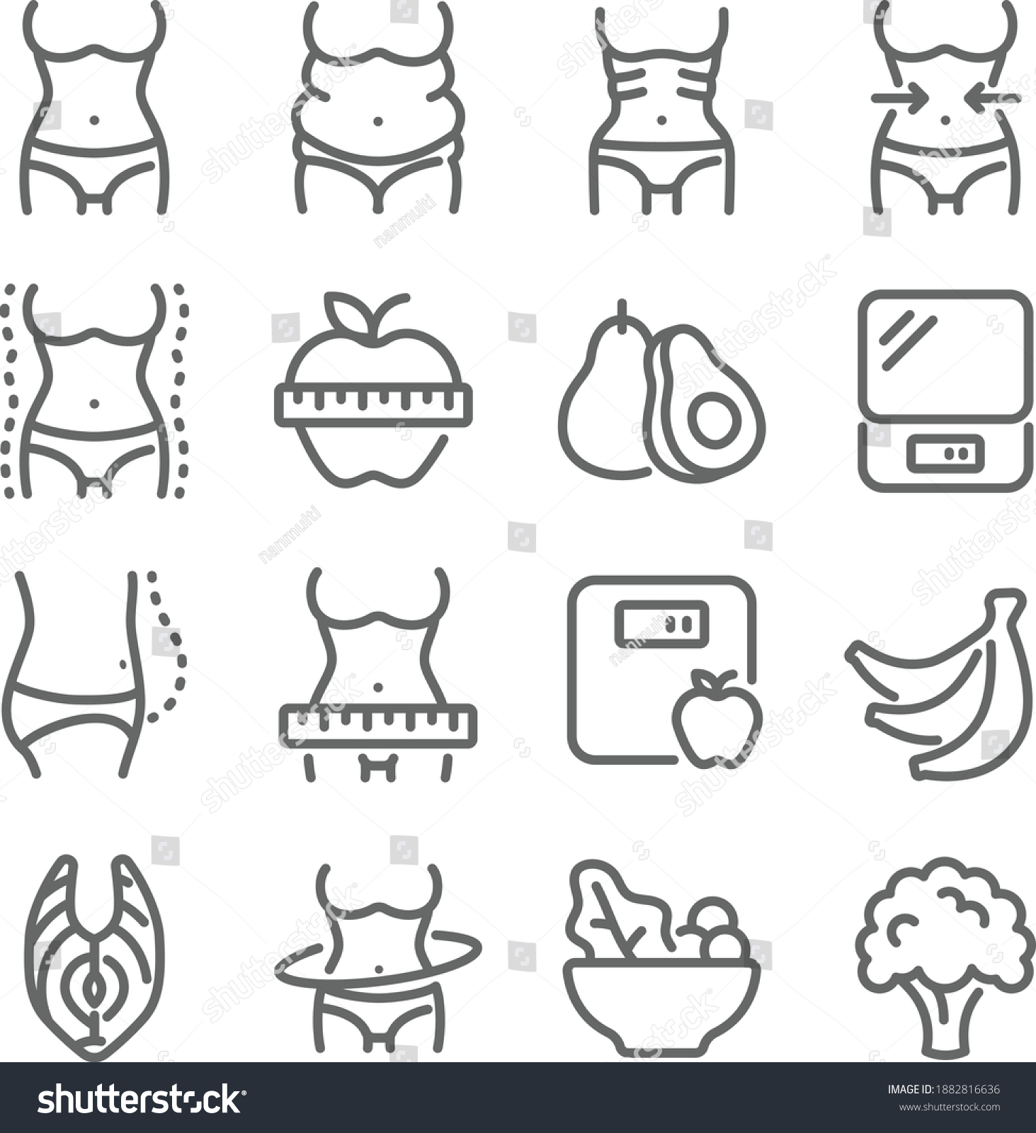 SVG of Diet icon illustration vector set. Contains such icons as Body, Diet, Skinny, Fat, Weight loss, Overweight, Fitness, and more. Expanded Stroke svg