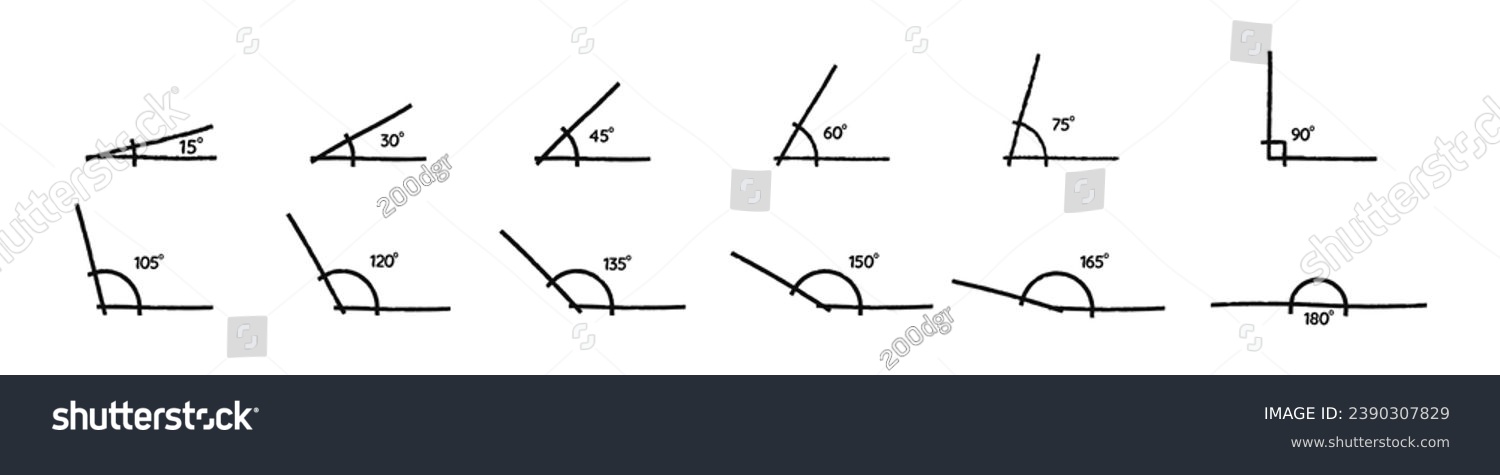 SVG of different angle degrees doodle vector illustration. obtuse acute mathematical 30, 45, 60, 90, 120, 180 degree triangle. measure and geometric math symbol collection set. Educational school learning svg