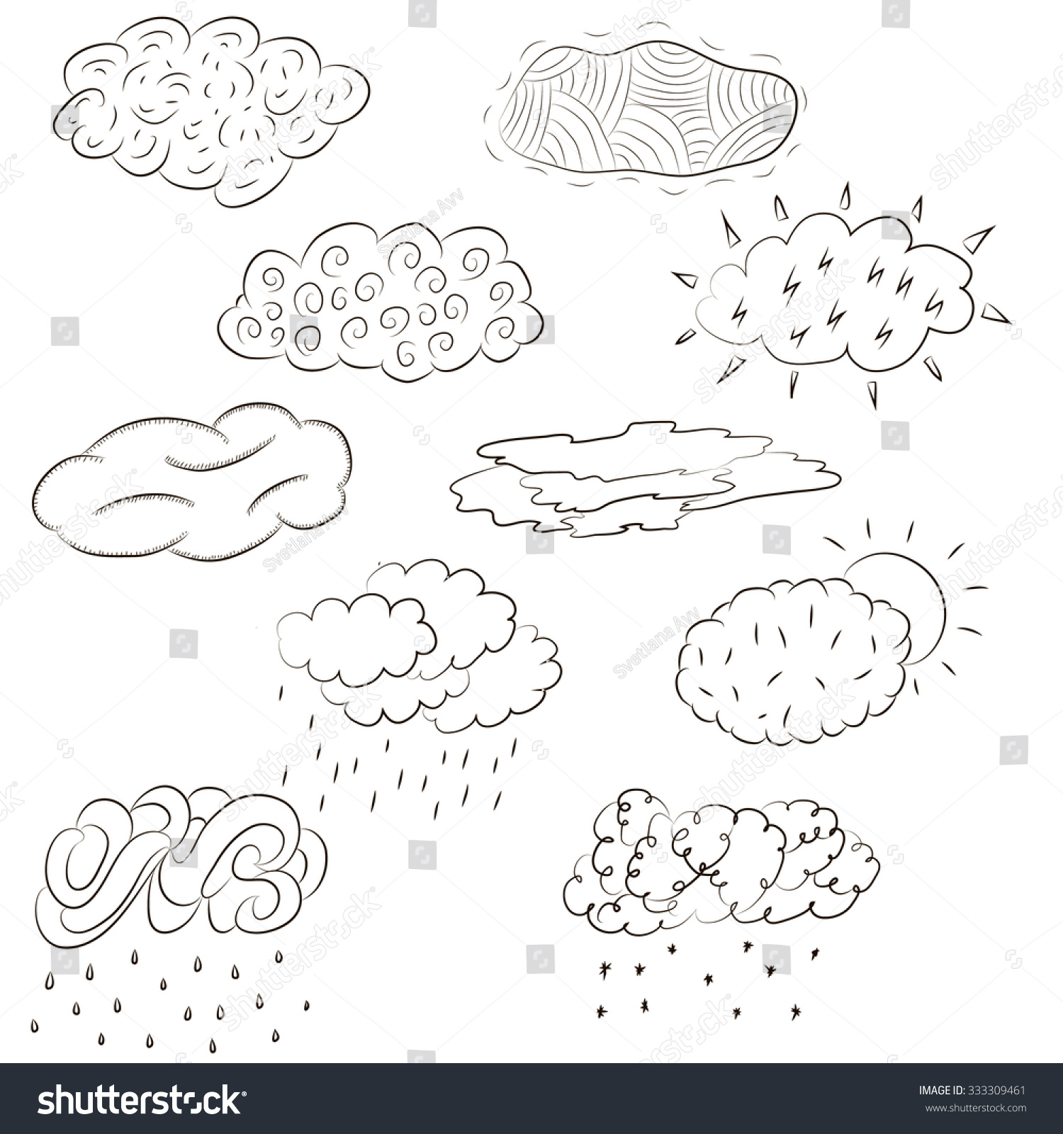 Different Clouds Hand Drawn Weather Cloudy Stock Vector 333309461 ...