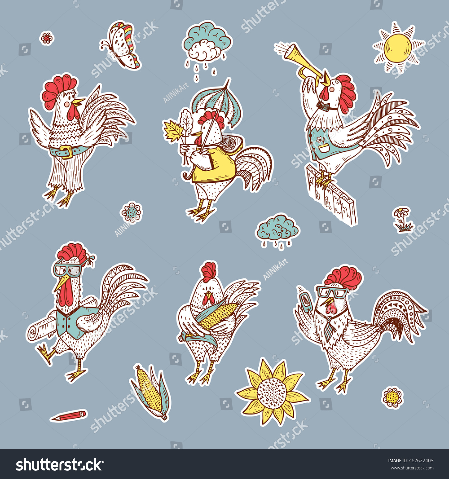 SVG of Different Cute Roosters Stickers Vector Set. Hand Drawn Doodle Cocks svg