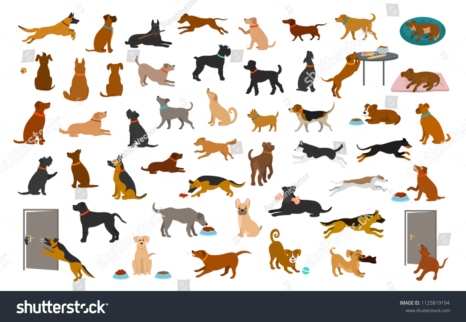 SVG of different dog breeds and mixed set, pets play running jumping eating sleeping, sit lay down and walk, steal food, bark, protect. isolated  cartoon vector illustration graphic svg
