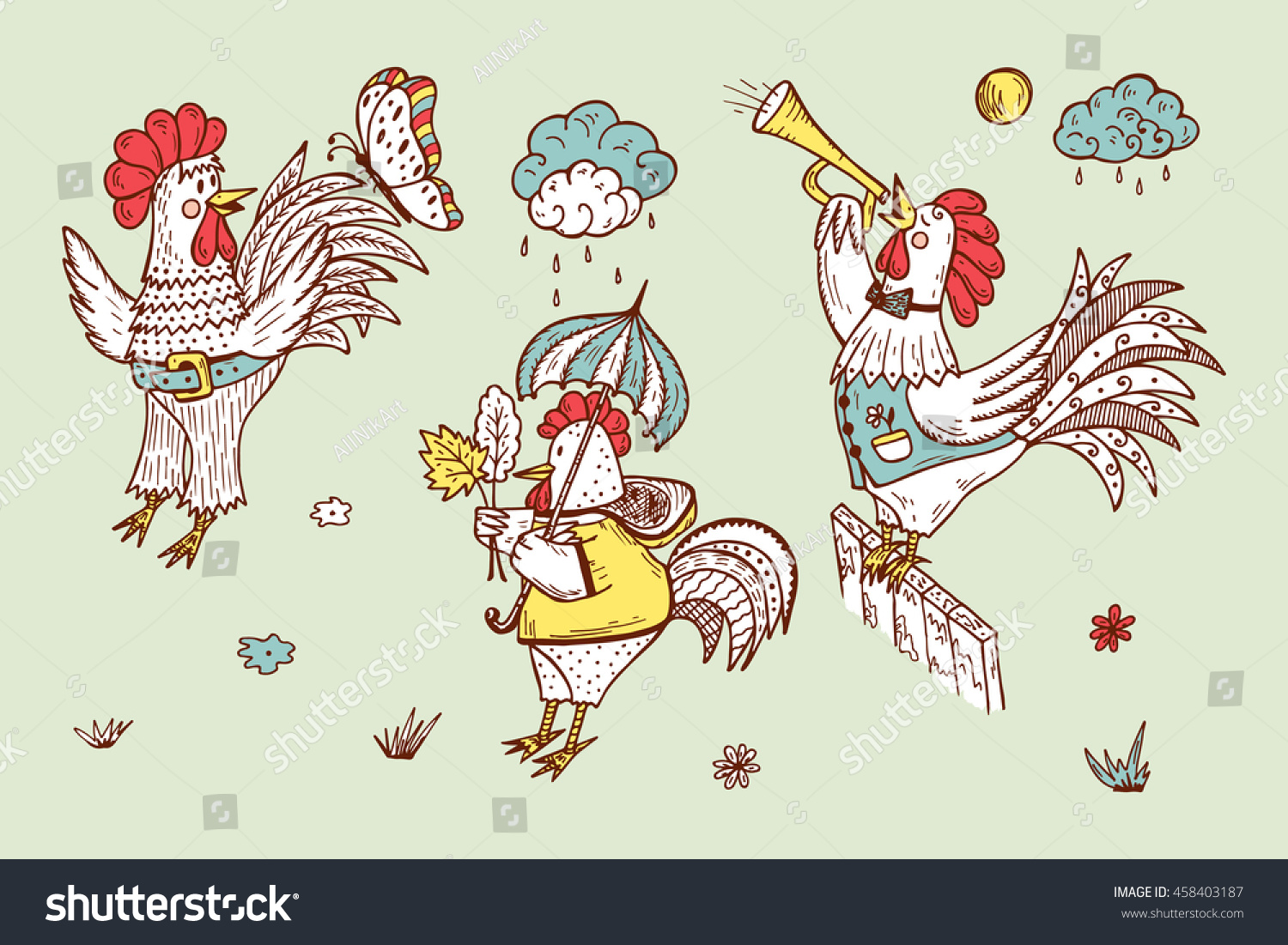 SVG of Different Funny Cartoon Roosters Vector Set. Hand Drawn Doodle Cocks. Rooster symbol of Chinese New Year svg