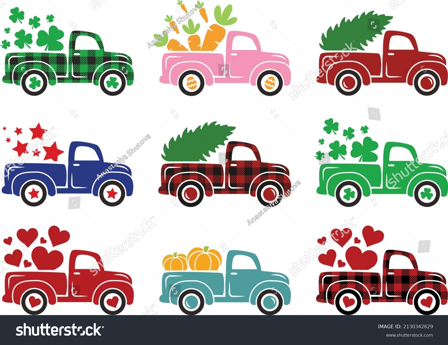 SVG of Different holidays truck Svg bundle isolated on white background. Cute vintage old truck cut files - Christmas, Easter, 4th of July, Valentine's day, St Patrick's day, Fall pumpkins pickup svg