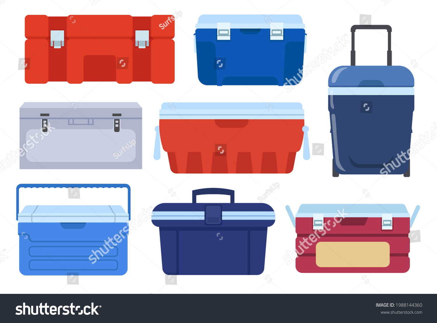 SVG of Different iceboxes vector illustrations set. Collection of ice chests or coolers for food, containers or portable refrigerators isolated on white background. Picnic, camping, food, traveling concept svg