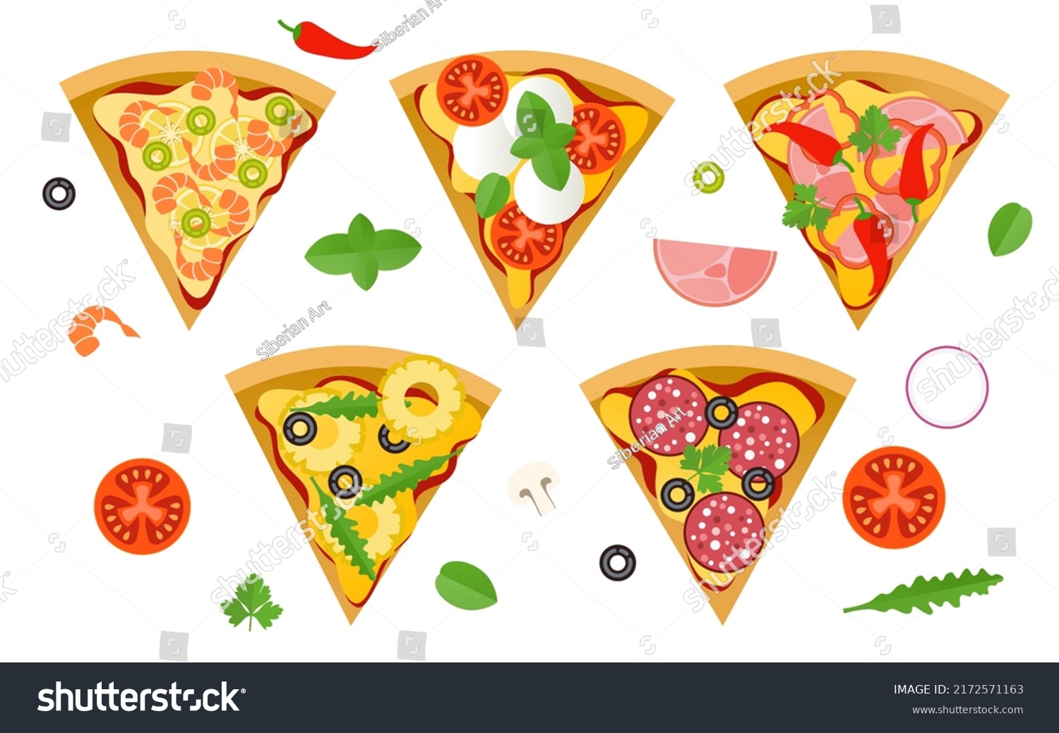 Different Italian Pizza Slices Vector Illustration Stock Vector ...