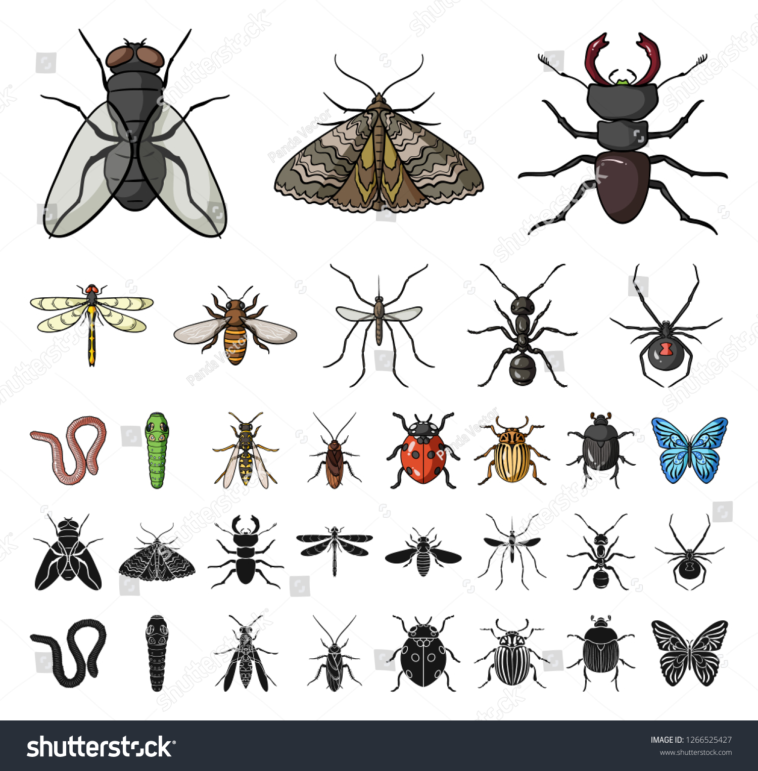 Different Kinds Insects Cartoon Black Icons Stock Vector (Royalty Free ...