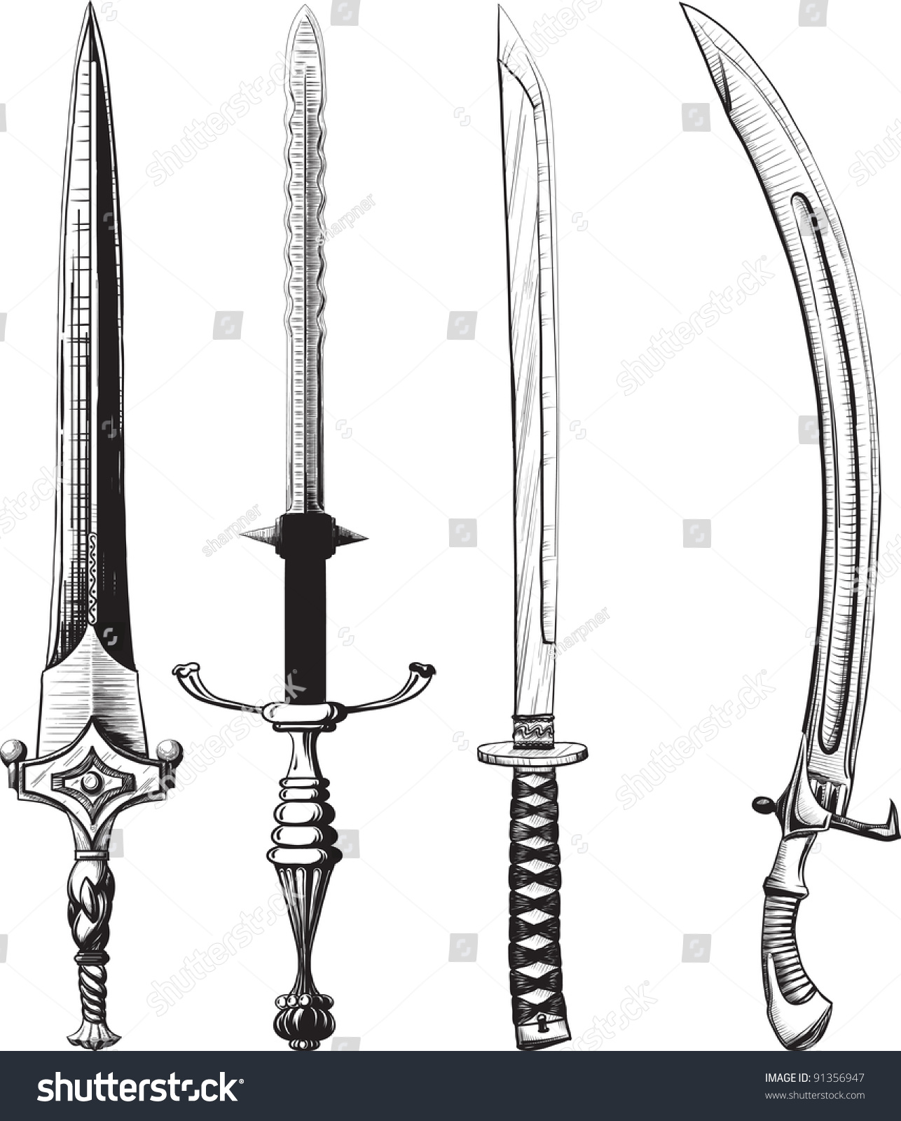 Different Set Swords Sabers Made Like Stock Vector 91356947 - Shutterstock