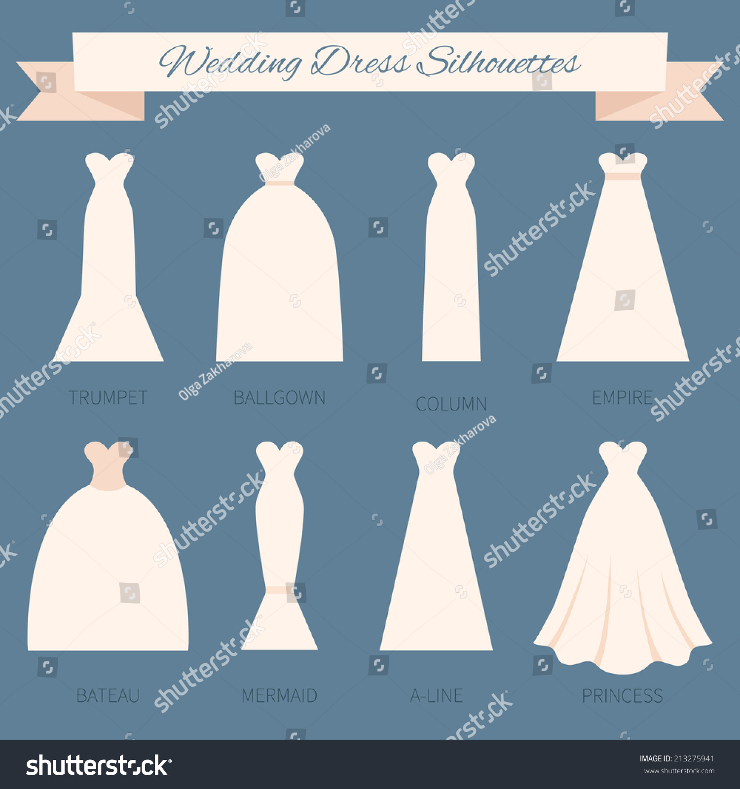 SVG of Different styles of wedding dresses made in modern flat vector style. Choose your perfect wedding dress for your body type. Bridal vector. svg